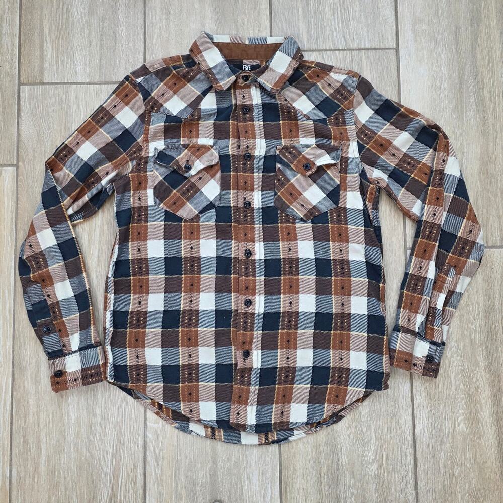 Frye Western Flannel Shirt Men Small Plaid Pearl Snap Cotton Workwear